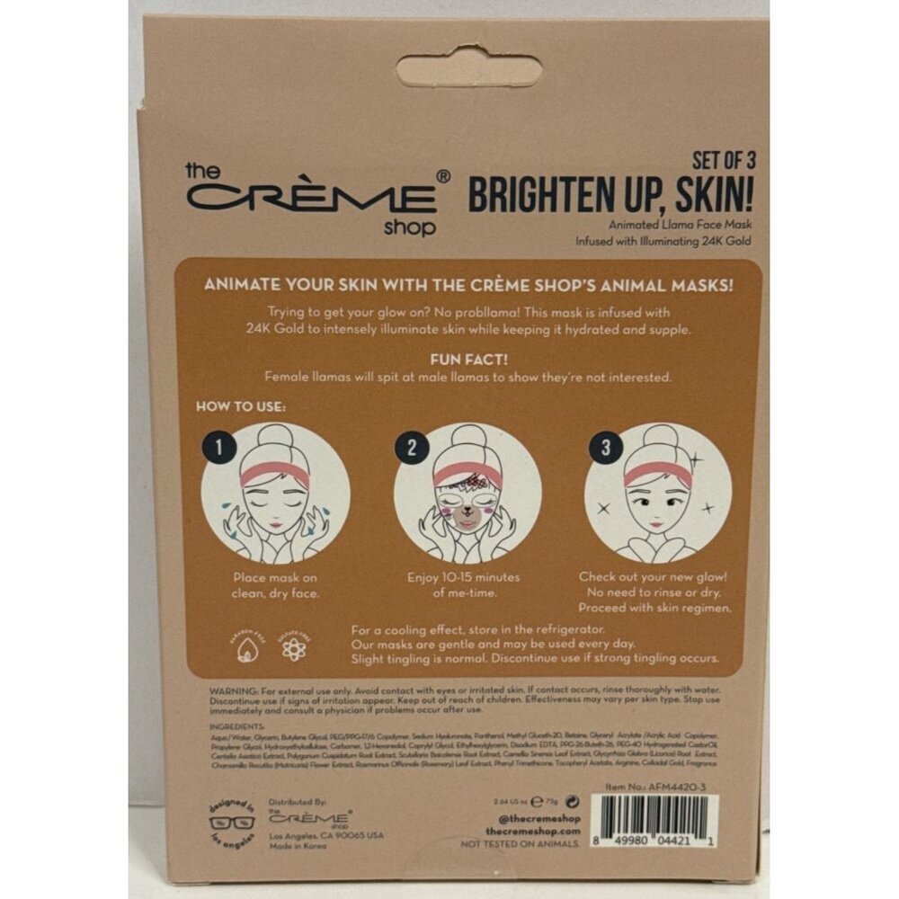 Creme Shop Brighten Up Skin Llama Face Mask Set of 3 Animated 24K Gold Hydrate - Picture 2 of 2